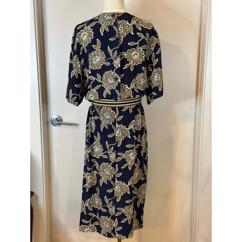 Vintage 90s Liz Claiborne 100% Silk Dress Size 12 Blue Floral Print Belt Modest - Picture 6 of 10